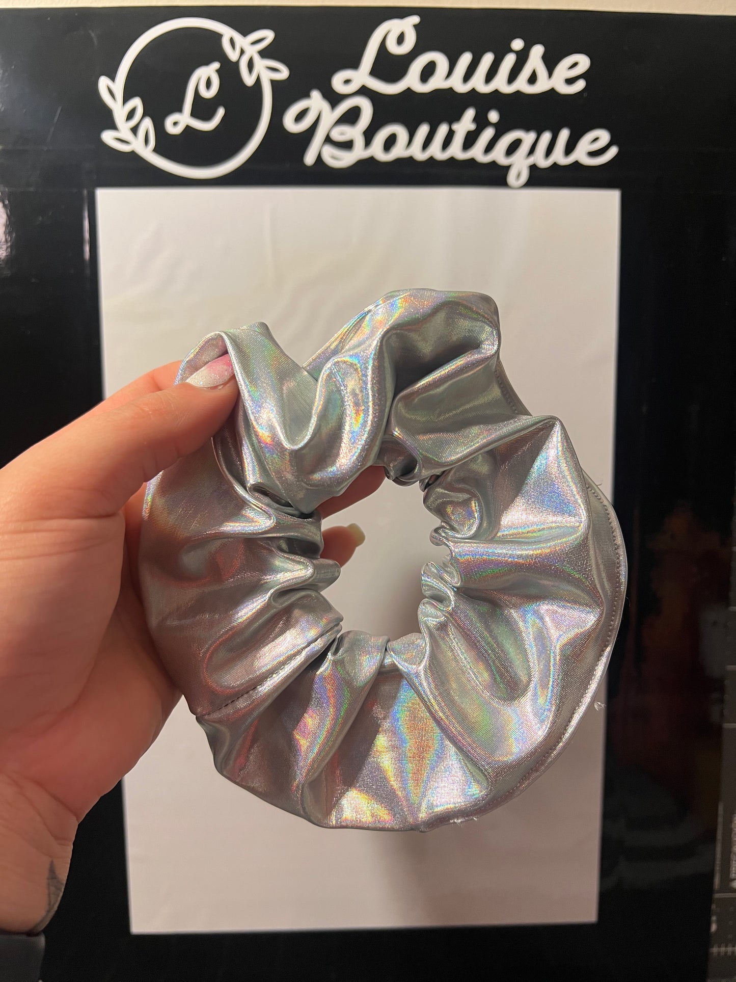 One standard size scrunchie holographic silver