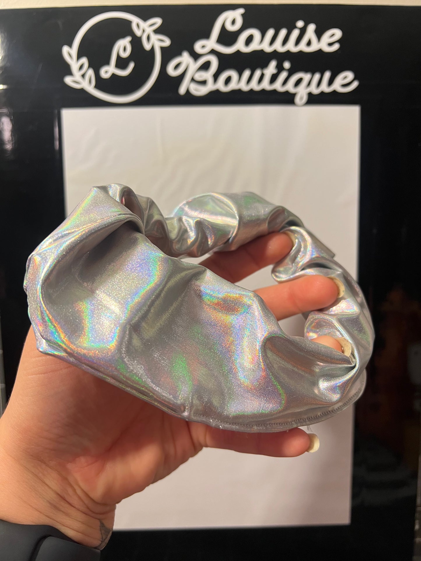 One standard size scrunchie holographic silver