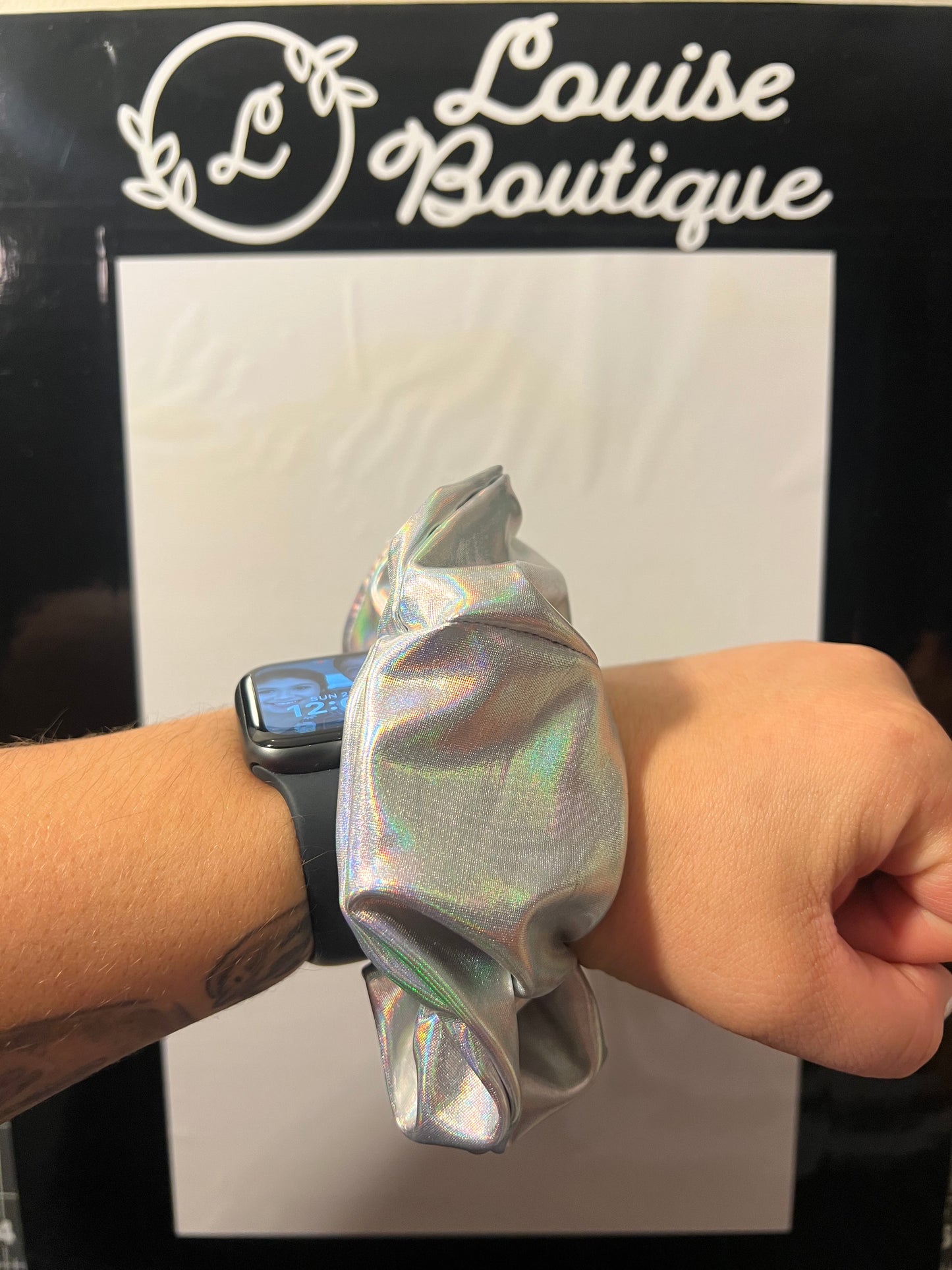 One standard size scrunchie holographic silver